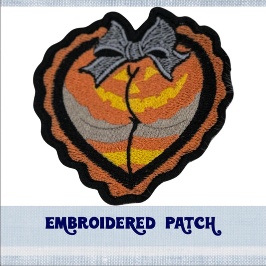 Pinup Girl Pumpkin Booty Embroidery Patch for Jacket, Hat, Backpack, and More! | Iron On, Sew On, or Hook and Loop Backing