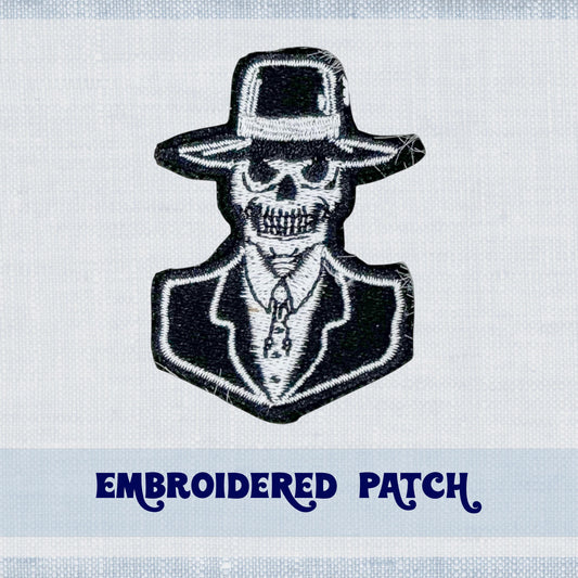 Gangster Skeleton Embroidery Patch for Jacket, Hat, Backpack, and More! | Iron On, Sew On, or Hook and Loop Backing