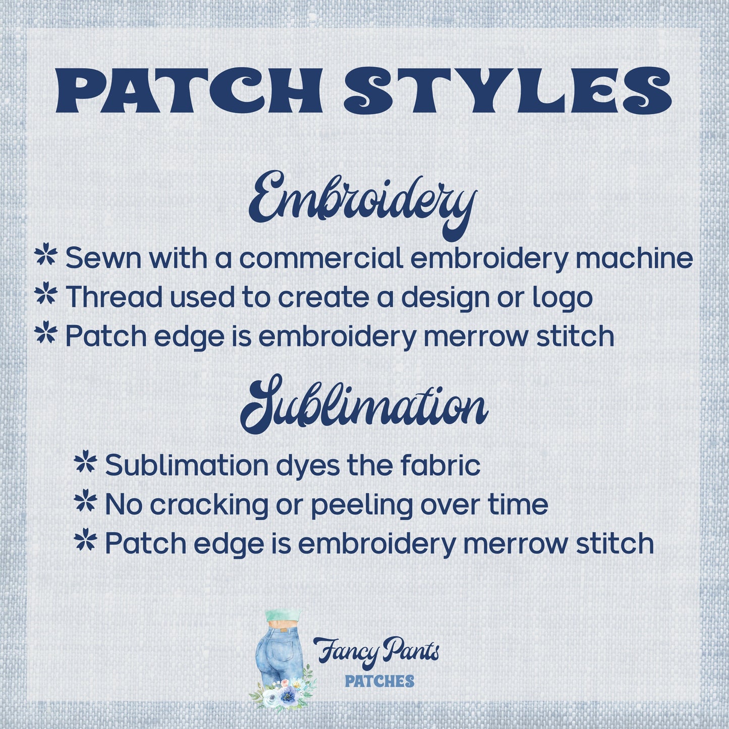 The image details two patch creation methods. The first involves embroidery thread. The second method uses sublimation dyes for durability, preventing cracking or peeling, ensuring vibrant, long-lasting patches.  Both have an embroidered merrow edge.