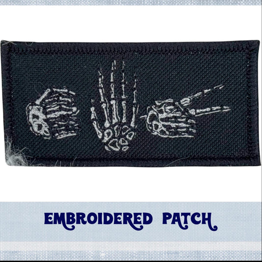 Skeleton Hand Rock Paper Scissors Embroidery Patch for Jacket, Hat, Backpack, and More! | Iron On, Sew On, or Hook and Loop Backing