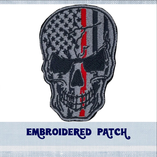Thin Red Line Skull Embroidery Patch for Jacket, Hat, Backpack, and More! | Iron On, Sew On, or Hook and Loop Backing