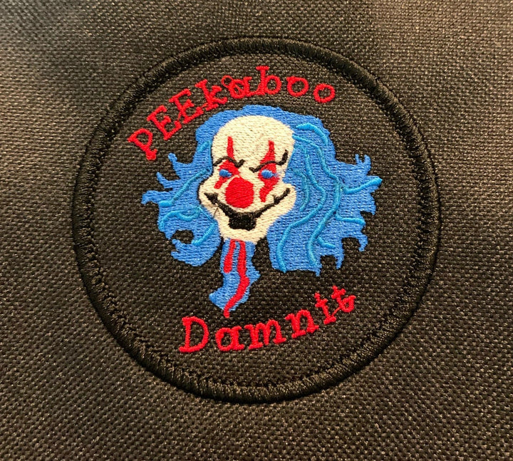 Embroidered Patch with blue haired clown that says Peekaboo Dammit