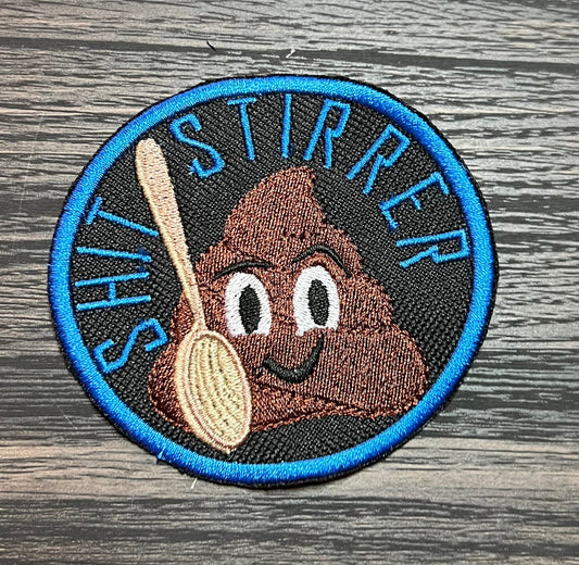 Embroidered patch with poop emoji and shit stirrer