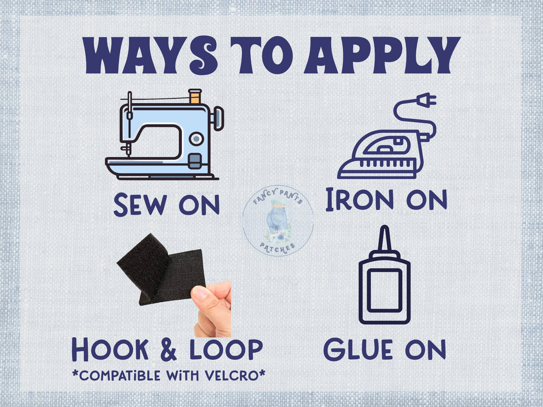 Various methods for attaching patches include sewing on for a permanent attachment, ironing on using heat for a secure adhesion, utilizing hook and loop components for easy attachment and detachment, or using glue.