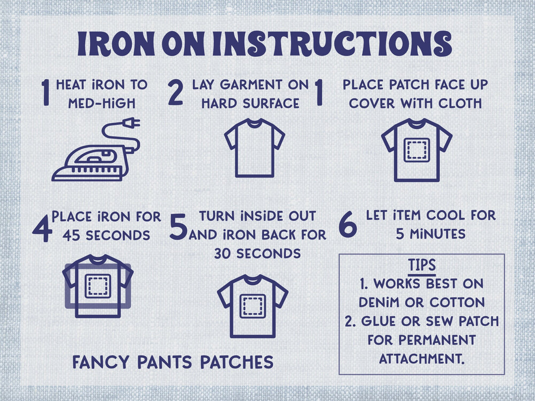 The iron-on instructions involve applying heat to adhere a patch securely. Place the patch on the desired fabric, cover it with a cloth, and press with a hot iron for a specified duration.