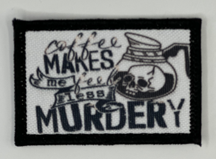 a black and white patch with a picture of a coffee pot