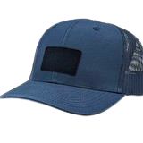 a blue hat with a black patch on the front