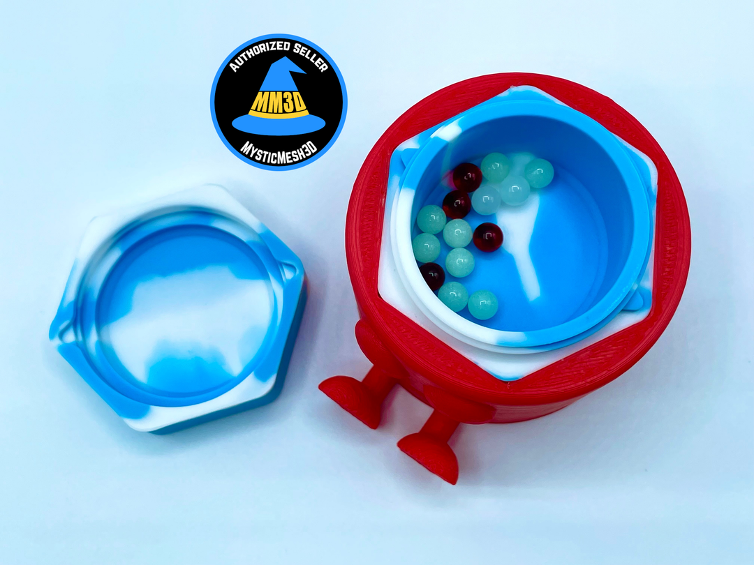 a red and blue toy bowl with balls in it